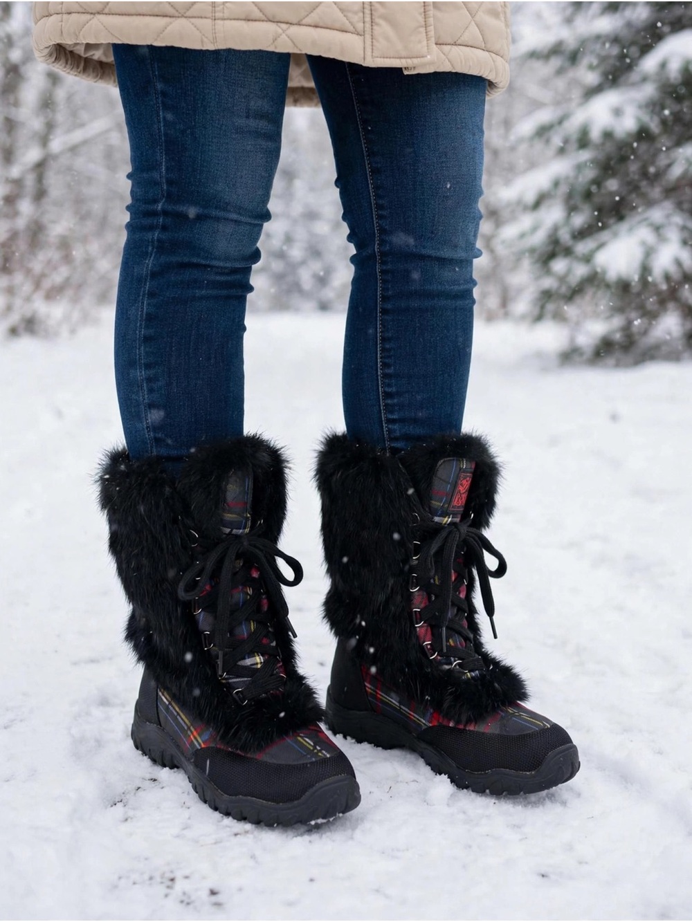 Coach Black Plaid Fur-Trim Winter Lace-Up Boots